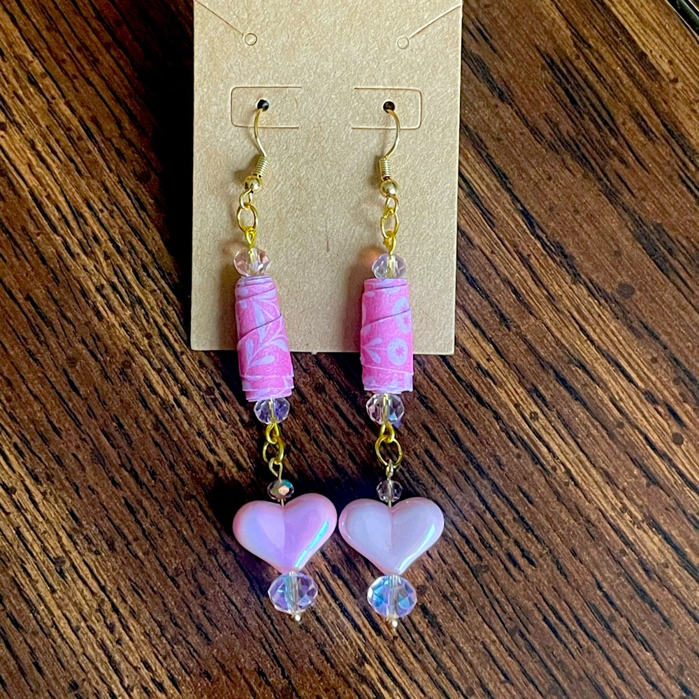 Valentine decoupage pink dangle heart earrings! (Set #1)
